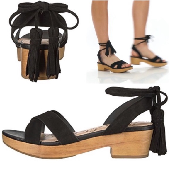 Genuine Leather Ankle Tassel Wrap Wooden Platform - Picture 9 of 9